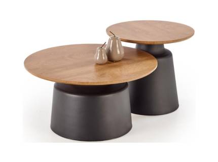 Set 2 masute MALOMI din MDF furniruit lemn, otel vopsit in camp electrostatic negru 70xH36cm/ 50xH45cm