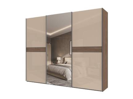 Dulap cu usi glisante LEFT 272x224x61cm Mokka HG lucios + Linkoln Walnut - oglinda, manere antracit 