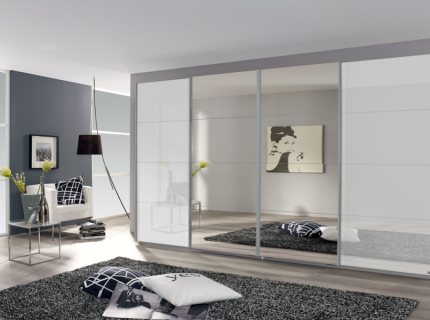 Dulap cu usi glisante SYNCRONO 361x211x62cm alb alpin/ sticla alba - oglinda configurabil