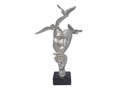 Statueta chip cu mana si pasari gri-auriu din metal 