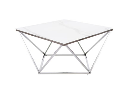 Masuta SILVER A II din sticla cu efect de marmura alba, metal crom 80x80xH45cm