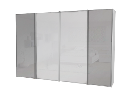 Dulap cu 4 usi glisante 400x222x68cm alb mat/ sticla gri + sticla alba, manere aluminiu model 27 SINFONIE PLUS 