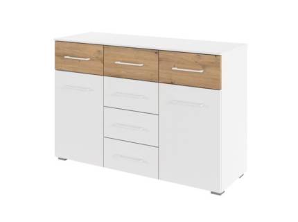 Comoda cu 2 usi si 6 sertare BOSTON EXTRA 120x81x42cm alb alpin/ stejar Artisan 