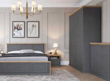 Set dormitor TARA GREY cadru pat (160x200cm), dulap cu 3 usi cu balamale 181x227x59cm, comoda 138x91x48cm si 2 noptiere grafit/ nuc Pacific 