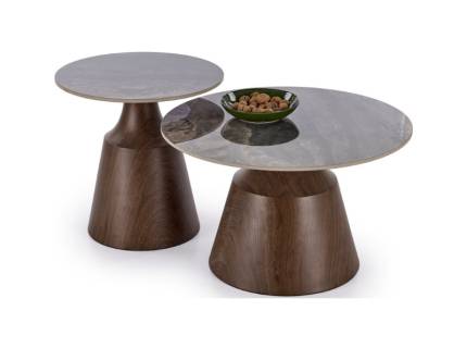 Set 2 masute TOWER din otel sinterizat cu efect de marmura maro, nuc 70xH42cm/ 50xH49cm