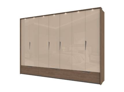 Dulap cu 7 usi cu balamale si 3 sertare LEFT 322x226x60cm Mokka HG lucios + Linkoln Walnut, manere incorporate antracit, cu rama passepartout cu LED  