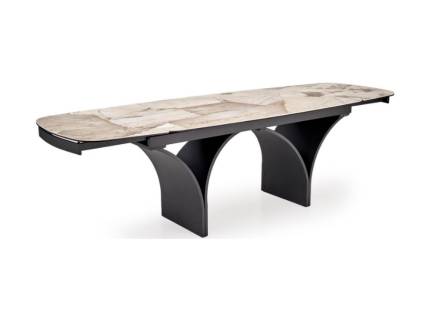 Masa extensibila ALTER din sticla si ceramica cu efect de marmura bej, otel vopsit in camp electrostatic negru 180-260x74xH76cm
