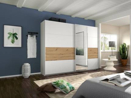 Dulap cu usi glisante BOSTON EXTRA 271x210x62cm alb alpin/ stejar Artisan - oglinda, maner alb alpin