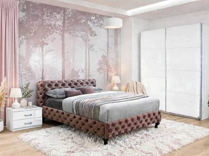 Set dormitor STARNBERG, QUADRA, HERRERA VELVET pat (160x200cm) catifea roz, Starnberg dulap 226x210x62cm alb alpin/ alb lucios, Quadra set 2 noptiere alb alpin/ alb lucios 