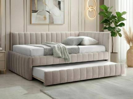 Pat tapitat cu somiera si pat suplimentar ALFIE RAVEN (120x200cm) material textil beige