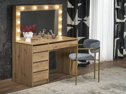 Masa de machiaj cu 5 sertare si oglinda cu led HOLLYWOOD XL ARTISAN 120x140x55cm stejar artisan