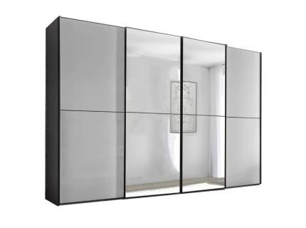 Dulap cu 4 usi glisante 373x222x68cm antracit mat/ sticla gri - oglinda, maner grafit model 44 SINFONIE PLUS