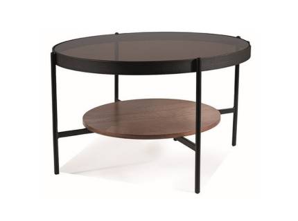 Masuta PRIMA B cu spatiu tip suport, din sticla securizata chihlimbar, MDF + furnir natural nuc, metal negru 74xH43cm