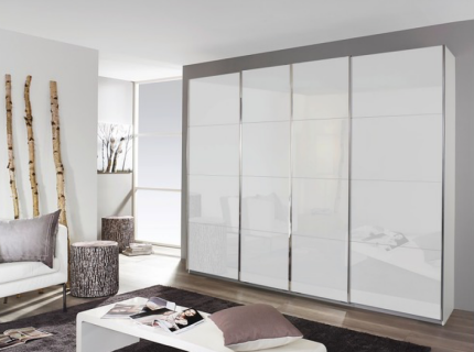 Dulap cu usi glisante SYNCRONO 271x211x62cm alb alpin/ 4 usi sticla alba configurabil