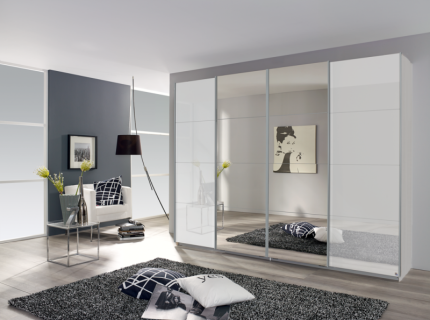 Dulap cu usi glisante SYNCRONO 271x211x62cm alb alpin/ sticla alba - oglinda configurabil