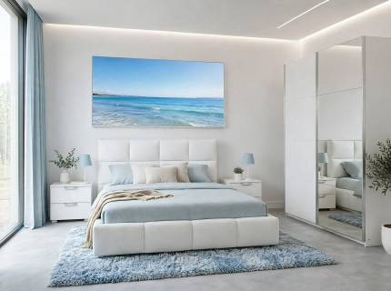 Set dormitor MOITA, ADITIO, ASTI pat cu somiera si lada pentru depozitare (180x200cm) ecopiele alba, Moita dulap 181x210x62cm alb alpin/ oglinda, Aditio set 2 noptiere alb alpin
