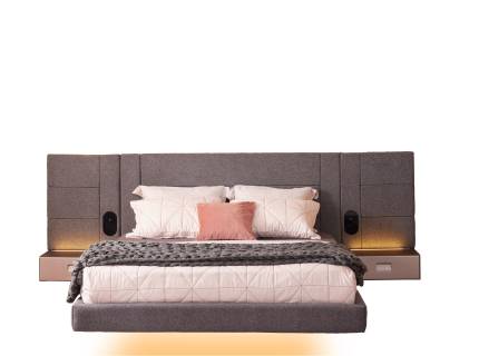 Pat tapitat PEGASUS 160x200 cm cu iluminare LED și design modern, efect de plutire