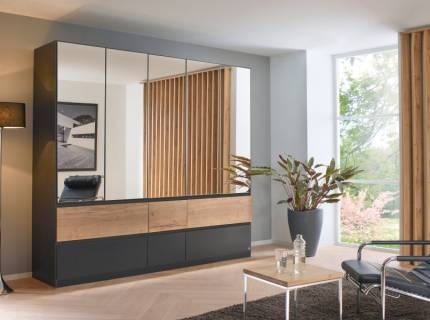 Dulap cu 5 usi cu balamale si 6 sertare WINNIPEG 226x210x56cm gri metalic/ gri lucios - halifax - oglinda