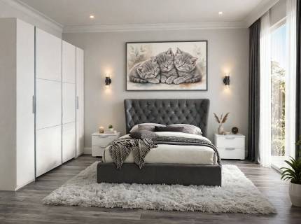 Set dormitor KRONACH II, ADITIO, CARVEN VELVET pat (160x200cm) catifea gri, dulap Kronach II 269x210x59cm alb alpin, Aditio set 2 noptiere alb alpin