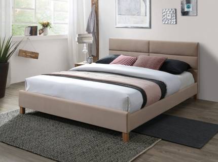 Pat tapitat cu somiera SIERRA VELVET (160x200cm) catifea beige, picioare nuanta lemnului