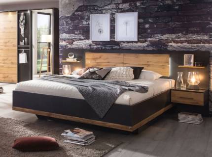 Cadru pat cu noptiere incorporate BOSTON EXTRA (160x200cm) gri metalic/ stejar wotan