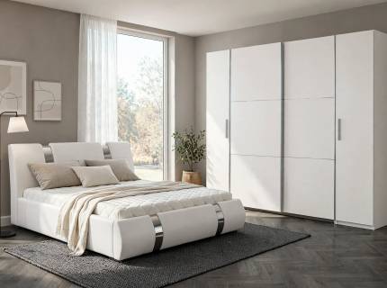 Set dormitor ATLANTIS + KRONACH II pat tapitat cu somiera si spatiu pt. depozitare ATLANTIS (160x200cm) ecopiele alba si dulap KRONACH II cu 2 usi glisante si 2 usi cu balamale 269x210x59cm alb alpin 