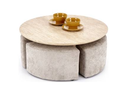 Masuta NUGAT din din MDF furniruit travertin/ nuc deschis, cu 4 tabureti tapitati light beige 80xH36cm