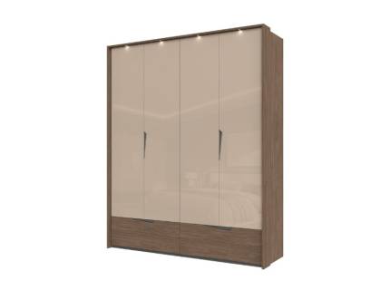 Dulap cu 4 usi cu balamale si 2 sertare LEFT 187x226x60cm Mokka HG lucios + Linkoln Walnut, manere incorporate antracit, cu rama passepartout cu LED