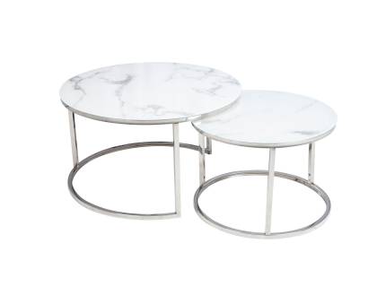 Set 2 masute ATLANTA B din sticla cu efect de marmura alba, metal crom 60xH42cm / 80xH45cm