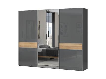 Dulap cu usi glisante ONYX 272x224x61cm antracit lucios/ nuc Pacific - oglinda, maner crom