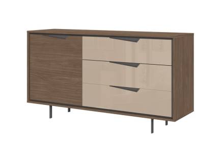 Comoda cu 1 usa si 3 sertare LEFT Mokka HG lucios + Linkoln Walnut, manere incorporate antracit si picioare metalice antracit