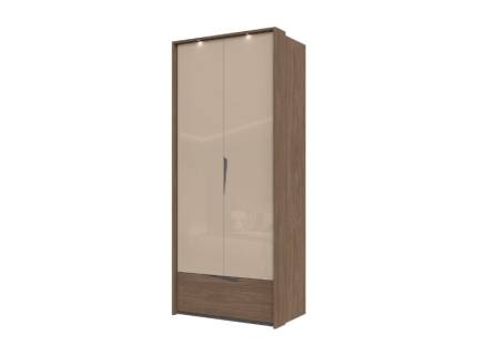 Dulap cu 2 usi cu balamale si 1 sertar LEFT 97x226x60cm Mokka HG lucios + Linkoln Walnut, manere incorporate antracit, cu rama passepartout cu LED
