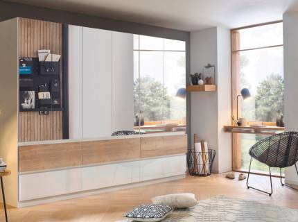 Dulap cu 6 usi cu balamale si 6 sertare WINNIPEG 271x210x56cm alb alpin/ alb lucios - halifax - oglinda