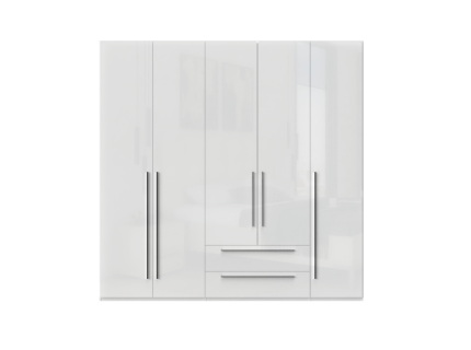 Dulap cu 5 usi si 2 sertare PIANO WHITE 227x224x56cm alb lucios, maner crom