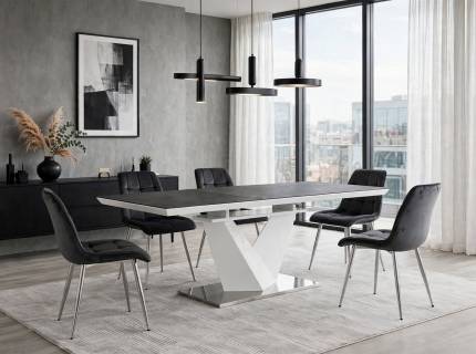 Set dining masa extensibila ALARAS II 120-180x80xH75cm si 6 scaune CHIC VELVET CHROM tapitate catifea negre