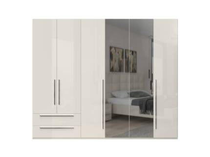 Dulap cu 6 usi si 2 sertare PIANO BEIGE 272x224x56cm bej lucios/ oglinda, maner crom