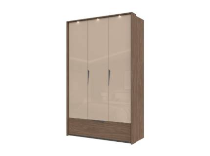 Dulap cu 3 usi cu balamale si 1 sertar LEFT 146x226x60cm Mokka HG lucios + Linkoln Walnut, manere incorporate antracit, cu rama passepartout cu LED 