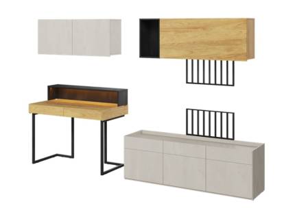 Set birou mic cu corpuri suspendate TEEN FLEX 09B 260x61x193cm cu suport pentru suspendat TV, comoda, sistem de iluminare LED