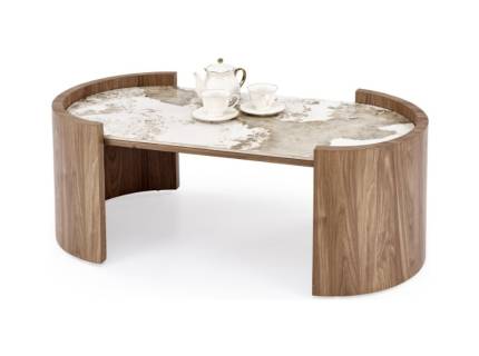 Masuta NICOSIA din MDF sinterizat cu efect de marmura bej, MDF furniruit nuc deschis 121x61xH45cm