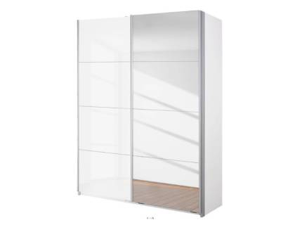 Dulap cu usi glisante MINOSA PLUS cu polite 136x197x48cm alb alpin/ alb lucios - oglinda, maner aluminiu