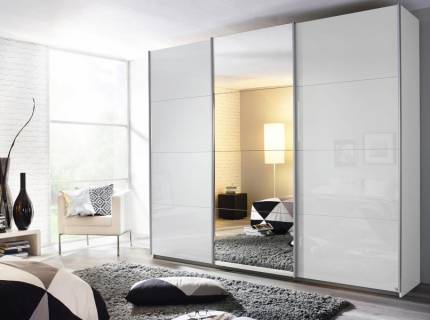 Dulap cu usi glisante KULMBACH 203x210x62cm alb alpin/ sticla alba-oglinda configurabil