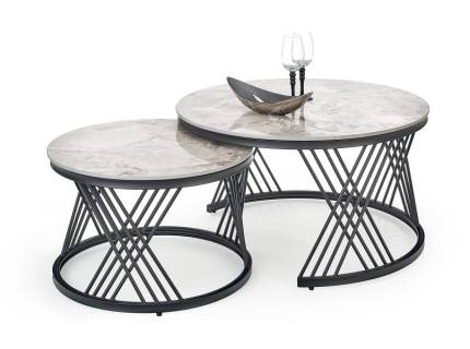 Set 2 masute FLAMINGO Grey din piatra sinterozata cu efect de marmura gri, metal negru 60xH40cm / 80xH46cm - clonat