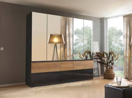 Dulap cu 5 usi cu balamale si 6 sertare WINNIPEG 226x210x56cm gri metalic/ gri lucios - halifax - oglinda