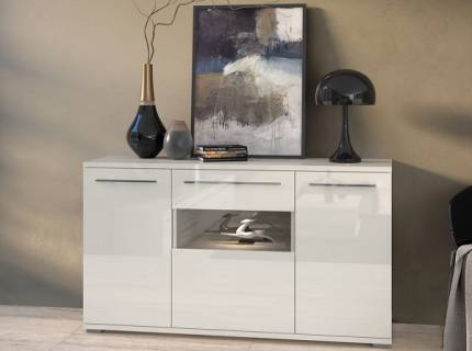 Comoda cu 3 usi cu portiune din sticla PIANO BEIGE 150x85x45cm bej lucios, manere crom