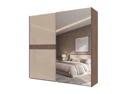 Dulap cu usi glisante LEFT 230x224x61cm Mokka HG lucios + Linkoln Walnut - oglinda, manere antracit