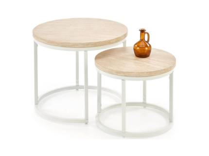 Set 2 masute OREO TRAVERTIN din MDF furniruit travertin, otel vopsit in camp electrostatic alb 53xH45cm / 43xH35cm 