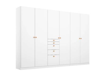 Dulap cu 6 usi cu balamale si 5 sertare FREYJA 271x210x54cm alb alpin, manere stejar