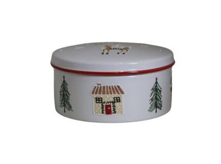 Recipient rotund alb cu ren pe capac pictat manual din ceramica