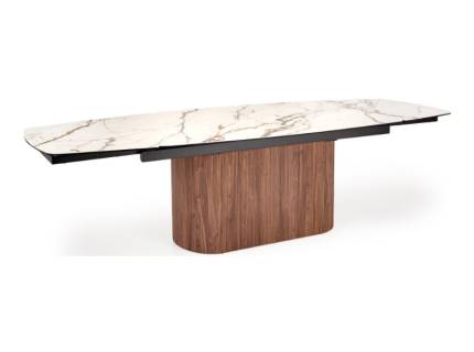 Masa extensibila FLAVOR din sticla si ceramica cu efect de marmura alba, MDF nuanta nucului, metal negru 220-300x90xH77cm