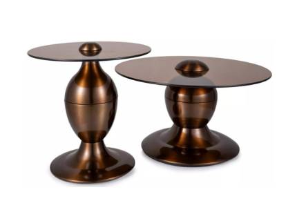 Set 2 masute CASSIE din sticla fumurie, cadru metalic cupru lucios 70xH38cm / 50xH52cm